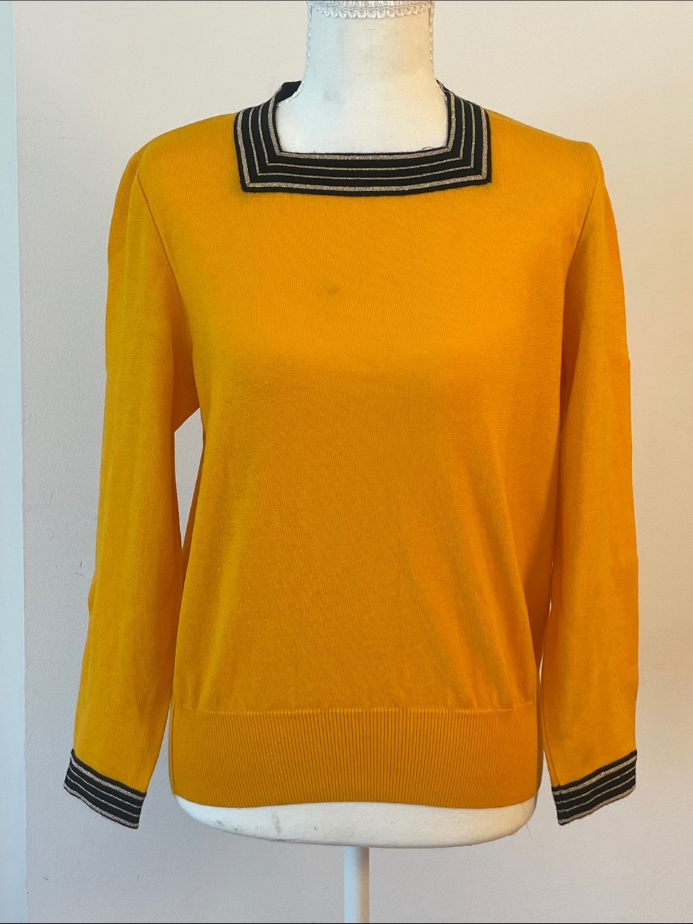 Vintage Yves Saint Laurent Mustard Yellow Sweater Square Neck Knit Top Black Tri - Picture 7 of 10